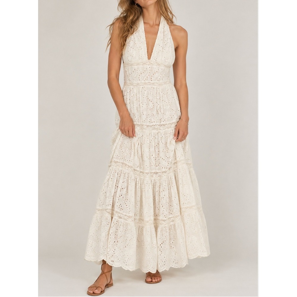 NEW Altar'd State White Eyelet Halter Maxi Dress Whimsy Lace Tiered Boho Sierra